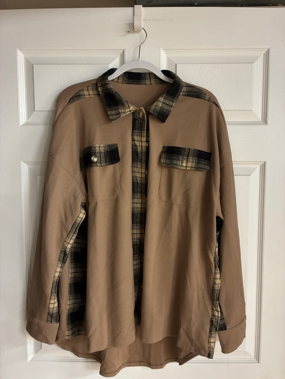 Source Unknown Tan Utility Shacket with Black & Cream Plaid Trim